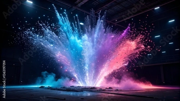 Fototapeta This image depicts a vibrant and dynamic explosion of color in a dark, industrial-like setting.