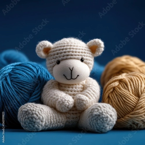 Fototapeta A white teddy bear sits on a blue surface next to a pile of yarn