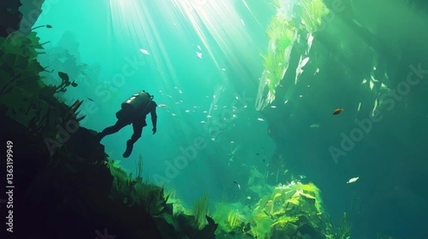 Obraz Diver Exploring Lush Underwater Landscape with Sunlight Rays