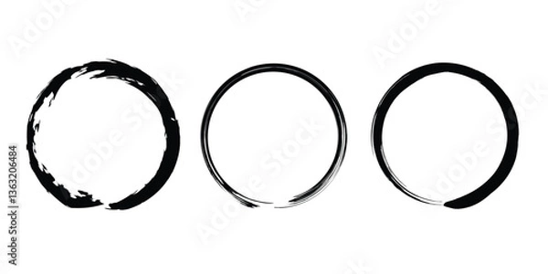 Fototapeta Set of black grunge paintbrush strokes. Enso Zen symbol. Circular label, logo, text frame, banner, emblem, badge. Grunge design element. Isolated. Distress texture. Ink brush strokes