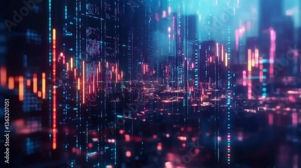 Fototapeta Dynamic data visualization urban cityscape digital art futuristic environment aerial view technology concept