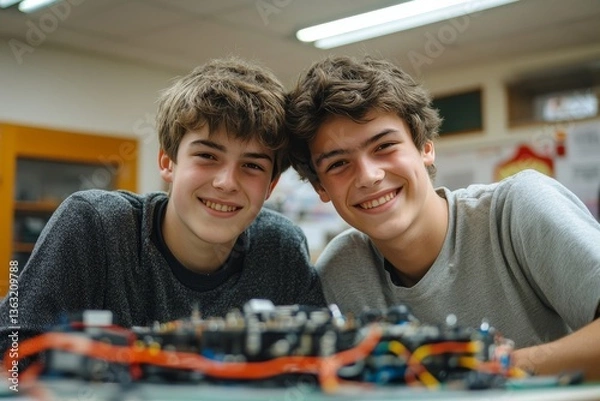 Obraz Two young boys smile at the camera with a shared sense of accomplishment. Their eyes are filled with joy. They are next to each other and holding a tech gadget on the table