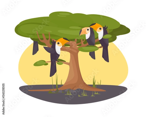 Obraz Many cute toucans on big tropical tree. Vector cartoon landscape illustration. Simple flat style natural art. Funny birds group icons. Wildlife fauna. Image for travel agency, zoo advertising layout