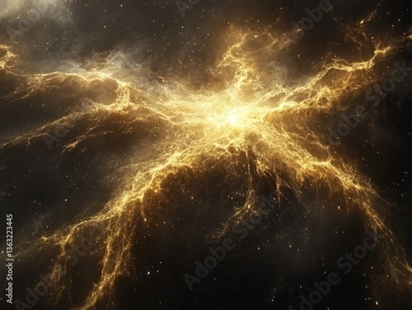 Fototapeta Golden cosmic nebula with radiant energy flowing through dark space a celestial spectacle of light and shadow a captivating stellar formation