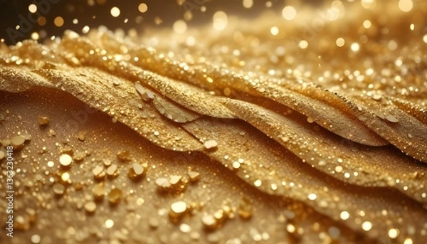 Fototapeta A high-angle, close-up shot captures a cascade of golden glitter, creating a luxurious and festive atmosphere