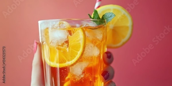 Obraz Refreshing iced tea with lemon and mint served in a clear glass against a vibrant pink background