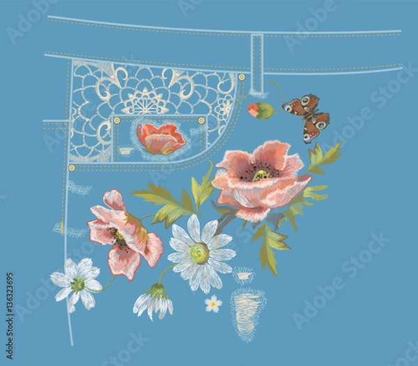 Fototapeta Embroidery colorful jeans botanical pattern with poppy and daisy flowers. Vector traditional folk flowers ornament with peacock butterfly on blue denim background.