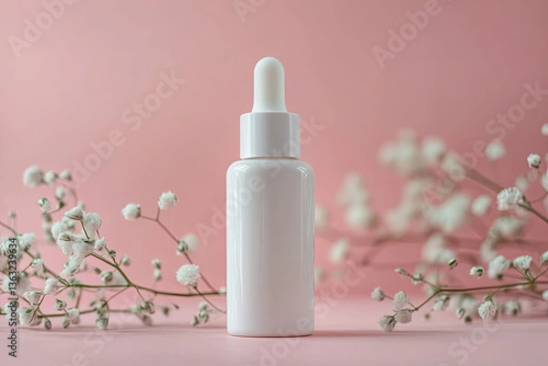 Fototapeta White bottle of facial cream mockup shoot, lots of nature, pastel pink and pastel earth colors 