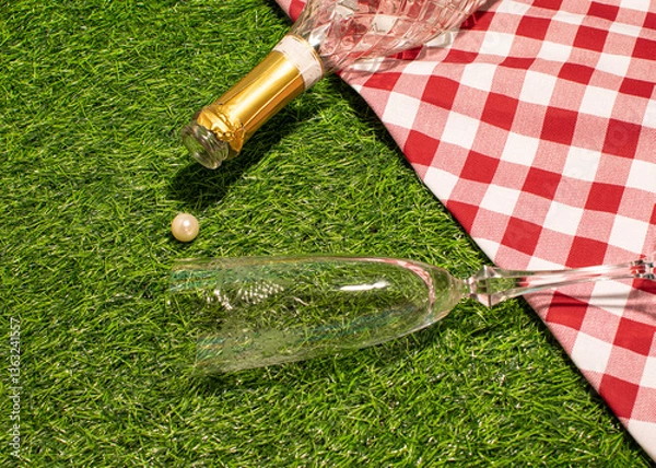 Obraz A bottle of wine on the grass, romantic picnic layout