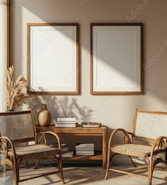 Fototapeta Two blank frames on wall in sunlit room with rattan chairs and wooden table.