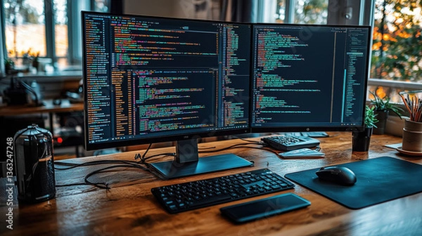 Fototapeta Dual monitor setup showcasing coding environment in a modern workspace during the afternoon light