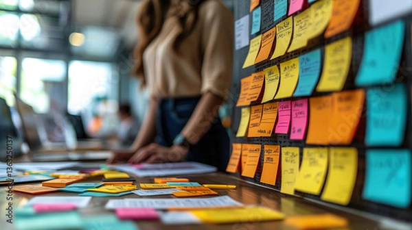Fototapeta Collaborative brainstorming session at a modern workspace with colorful sticky notes and engaged participants