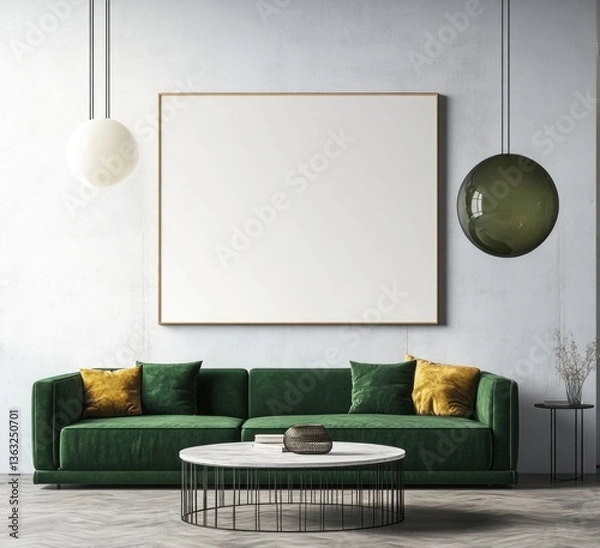 Fototapeta Green velvet sofa, coffee table, and large blank frame in modern living room.