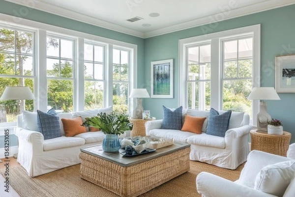 Fototapeta Bright coastal living room with white sofas wicker coffee table and blue accents creating a serene and inviting space filled with natural light