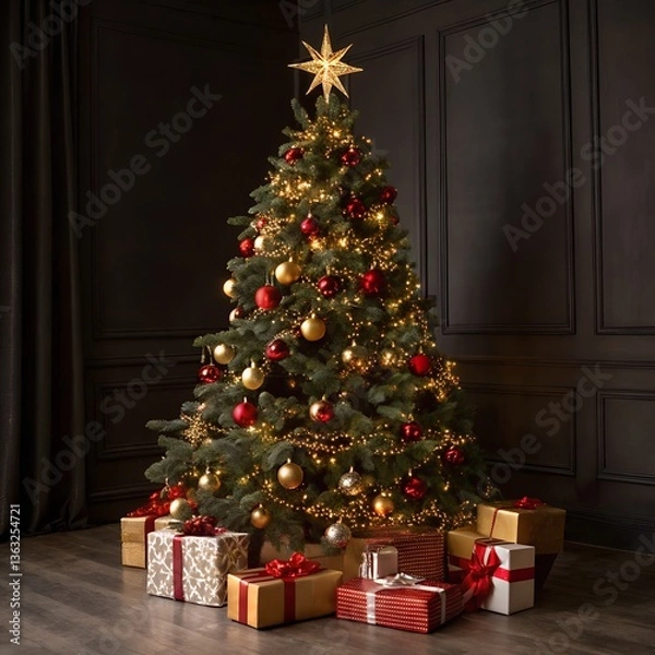 Fototapeta Christmas Tree with Presents and Ornaments, a beautifully decorated Christmas tree adorned with colorful ornaments, topped with a star, and surrounded by neatly wrapped gifts, perfect for the holiday