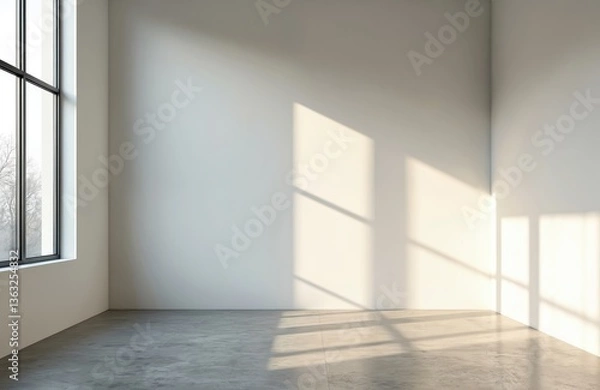 Fototapeta Empty modern interior room with blank walls, concrete floor. Sunlight shadows on floor. Perfect space for mockup, exhibition, presentation product promotion. Architectural design, minimalist