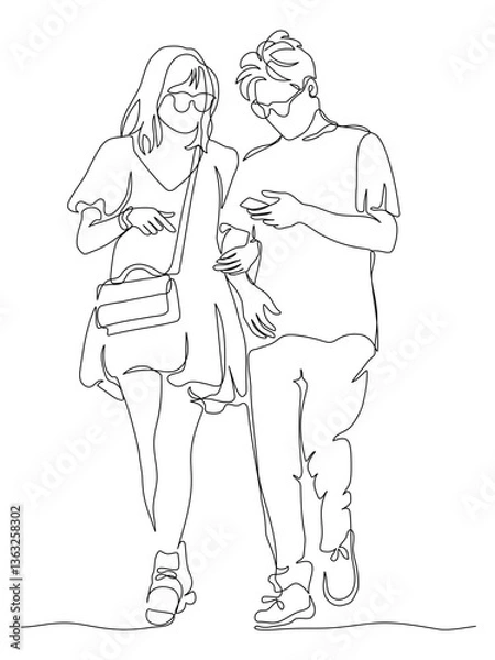 Fototapeta Young couple in glasses using phone and walking arm in arm. Woman wear mini dress. Front view. Continuous line drawing. Black and white vector in line art style.