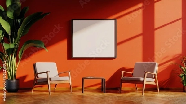 Fototapeta Orange Room Interior Design with Empty Frame - Modern minimalist living room with two armchairs, a coffee table