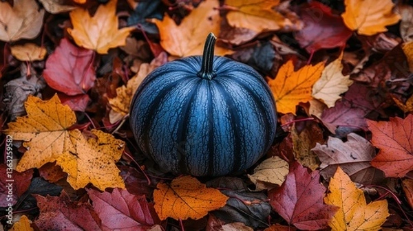 Fototapeta A plump orange pumpkin, nestled amidst a vibrant kaleidoscope of autumn leaves, invites adults to unleash their creativity and bring a touch of Halloween magic to life. 