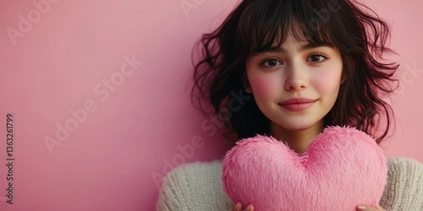 Fototapeta Young woman holds a pink heart-shaped cushion against a soft pink background in a cozy indoor setting