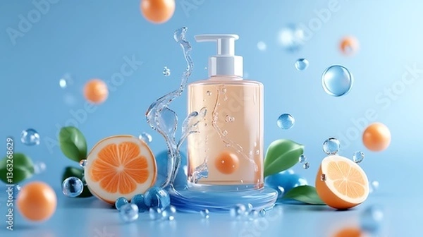 Obraz Citrus-Infused Liquid Soap: 3D Render with Water Splash Effect AI Generated