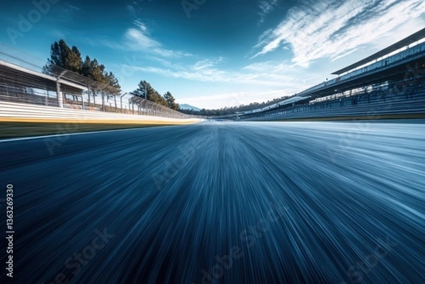Fototapeta Dynamic motion blur on empty race track under bright sky creating sense of speed and exhilaration for motorsport event