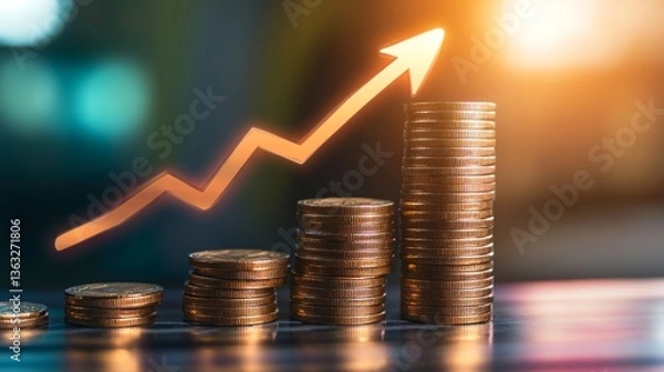 Obraz Stacked coins in ascending order with a glowing arrow pointing upwards, symbolizing economic expansion generative ai