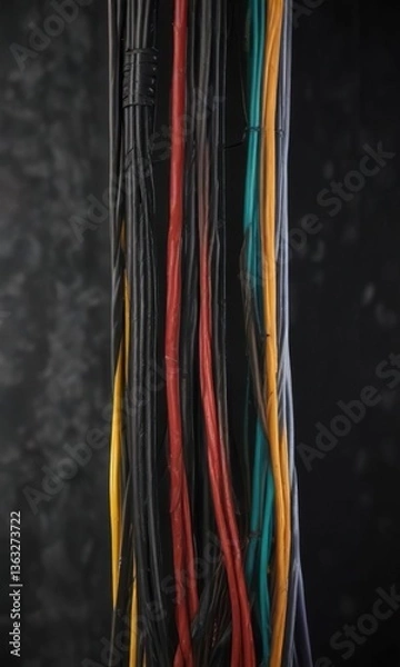Fototapeta Electric cables in various colors against black studio setting, multicolored, equipment, assortment, variety, vibrant