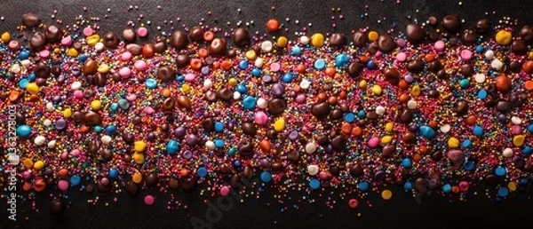 Fototapeta Vibrant array of colorful sprinkles and chocolate candies creating a festive and inviting confectionery delight perfect for dessert backgrounds