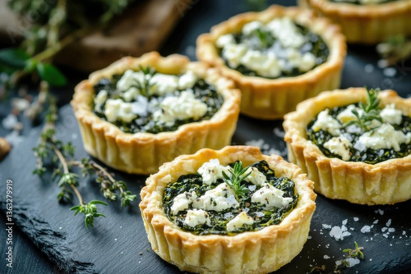 Fototapeta Spinach and feta tartlets with fresh herbs on slate. Mini savory tarts.