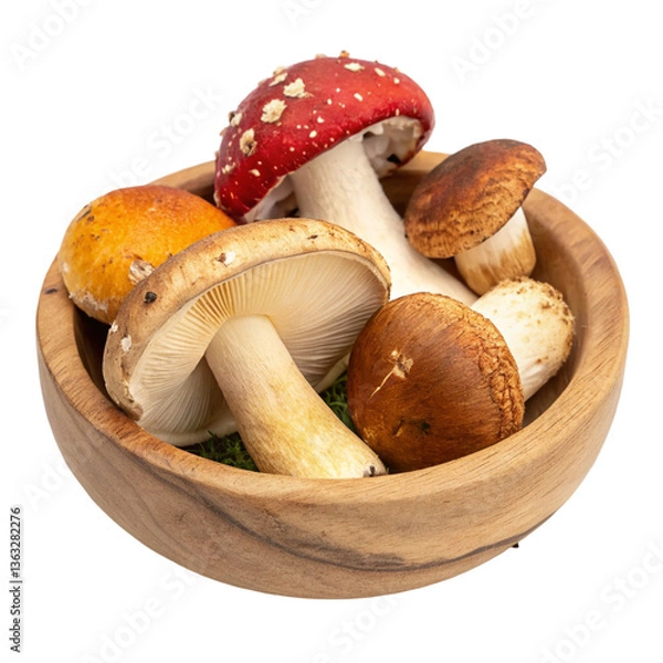 Obraz A group of mushrooms in a wooden bowl isolated on transparent background  
