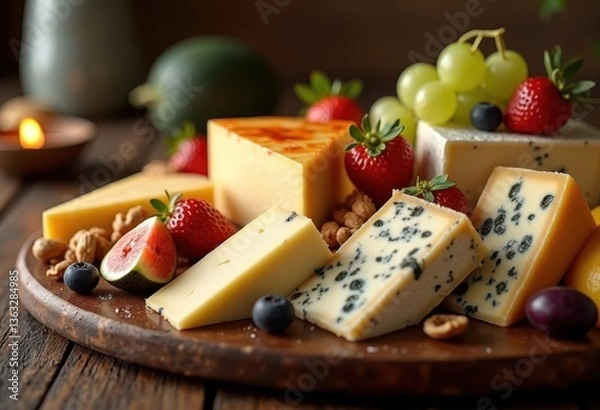 Obraz artfully arranged gourmet cheese platter display assorted fresh elegant presentation, arrangement, fruits, nuts, cream, cheddar, brie, blue, olive