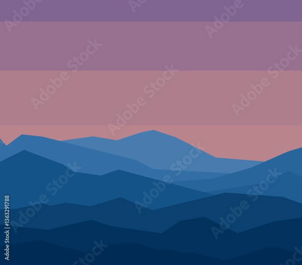 Fototapeta Huge mountain range in twilight. Mountaineering handdrawn landscape. Typography flat poster of high rocky mountains. Vector illustration.