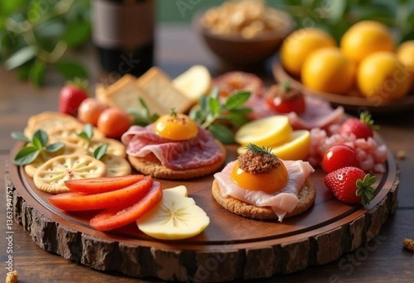 Fototapeta colorful snack assortment wooden charcuterie board delicious treats presentation variety bites appetizer spread, fruit, cheese, nut, cracker, jam, honey