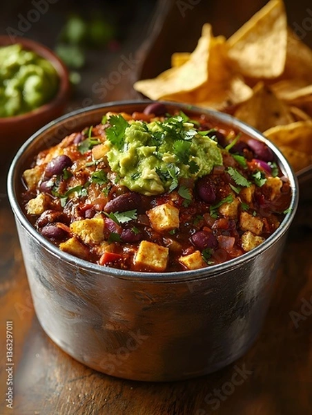 Fototapeta Hearty vegan chili with toppings served with tortilla chips for lunch. Generative AI
