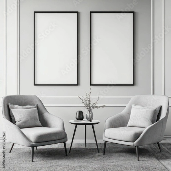 Fototapeta Two grey armchairs facing each other with a small round table and two blank frames on a wall.