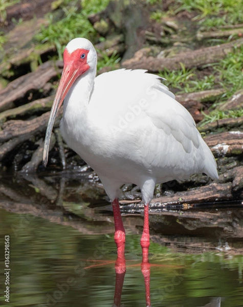 Fototapeta Views of a White Ibis bird in the water