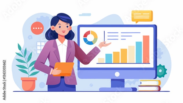 Fototapeta Vector professional woman explaining data analysis on a computer screen in an office