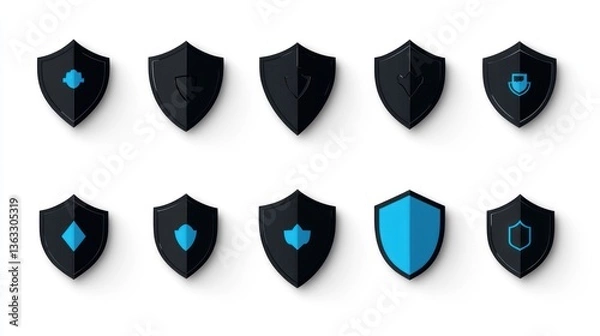 Fototapeta Black and blue shield icons; security, protection concept; white background; website design