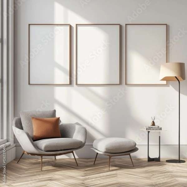 Fototapeta Modern living room with armchair, ottoman, floor lamp, and three empty frames on white wall.