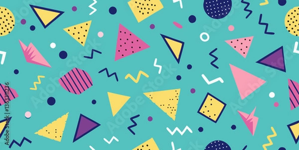 Fototapeta Memphis-style seamless pattern vector with geometric shapes, abstract squiggles, and playful 80s-inspired retro design elements