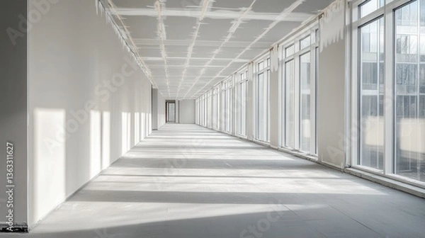 Fototapeta Bright empty office space with large windows and sunlight casting shadows on the floor of a modern building