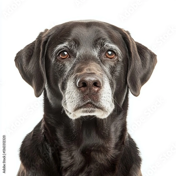 Fototapeta Senior Labrador retriever with a gentle face and a few gray hairs around its muzzle isolated on a white background 