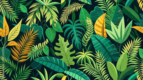 Fototapeta Tropical jungle leaves seamless vector pattern with repeating palm fronds, banana leaves, and exotic ferns in a rainforest texture.