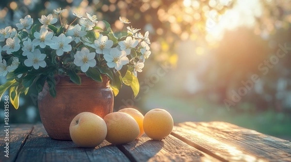 Fototapeta Rustic spring still life with apricots and blossoms