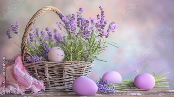 Obraz easter eggs in a basket with lavender