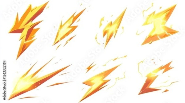 Fototapeta Golden lightning bolts, energy effect, game design, white background, VFX