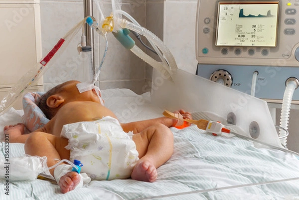 Obraz Noworodek z hiperbilirubinemią na maszynie do oddychania z czujnikiem pulsoksymetru i obwodowym cewnikiem dożylnym na oddziale intensywnej terapii noworodków