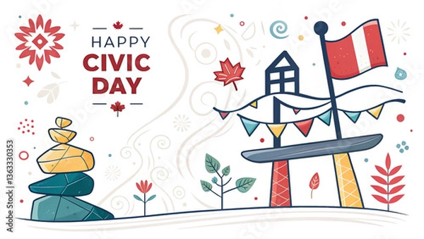 Fototapeta Happy civic day illustration with stacked stones and a flag on a white background design