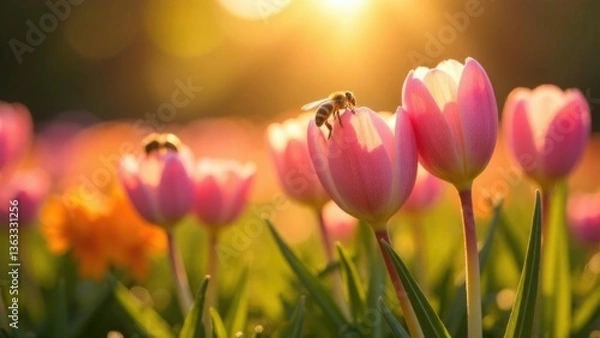 Fototapeta Sunlit Crocus Meadow with Bees Collecting Nectar – Macro View. World Bee Day. Spring Equinox. Nature and wildlife. Eco-friendly. Organic Farming. 